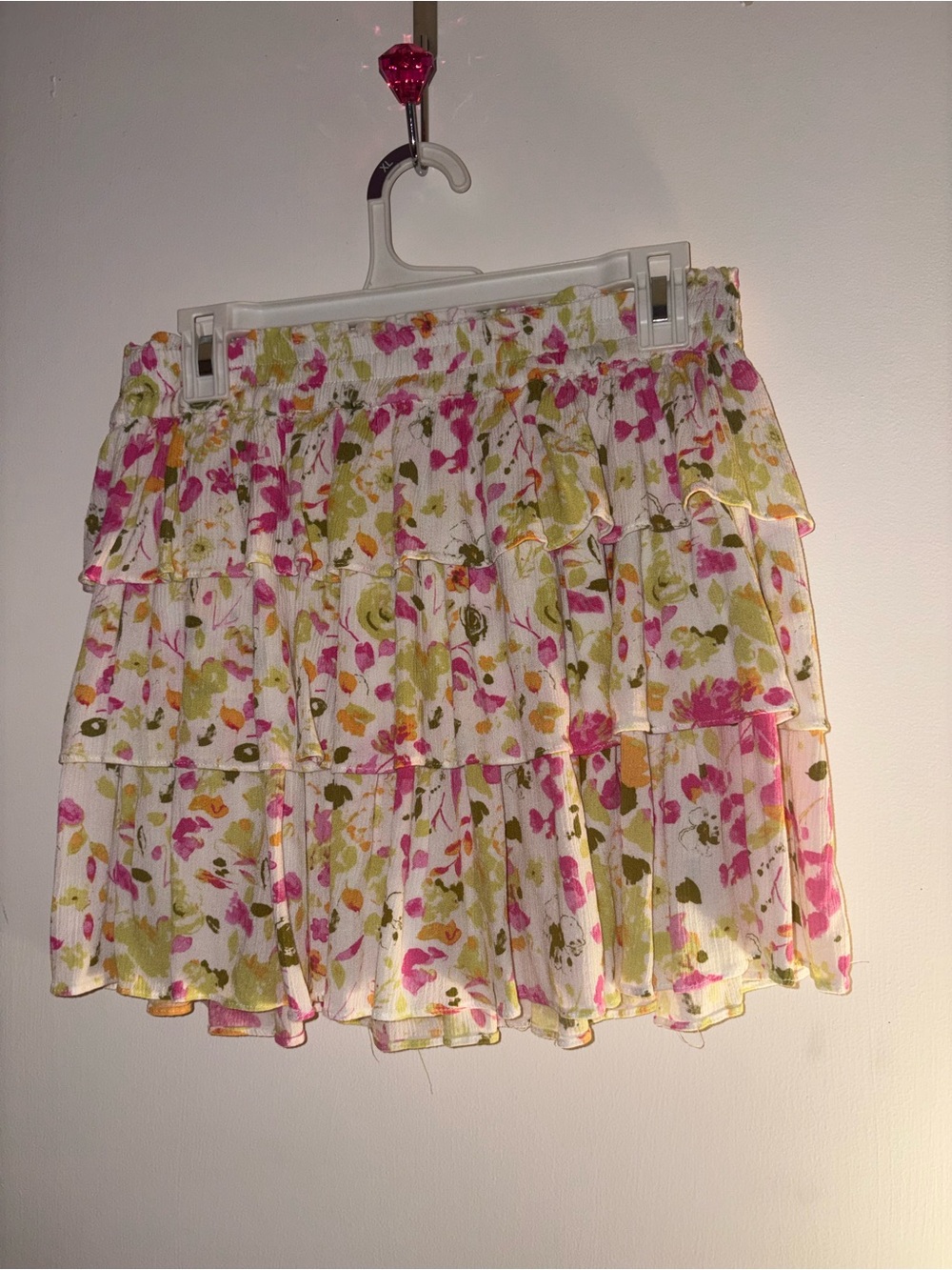 Chelsea & Violet Pink and Green Floral Tiered Mini Skirt